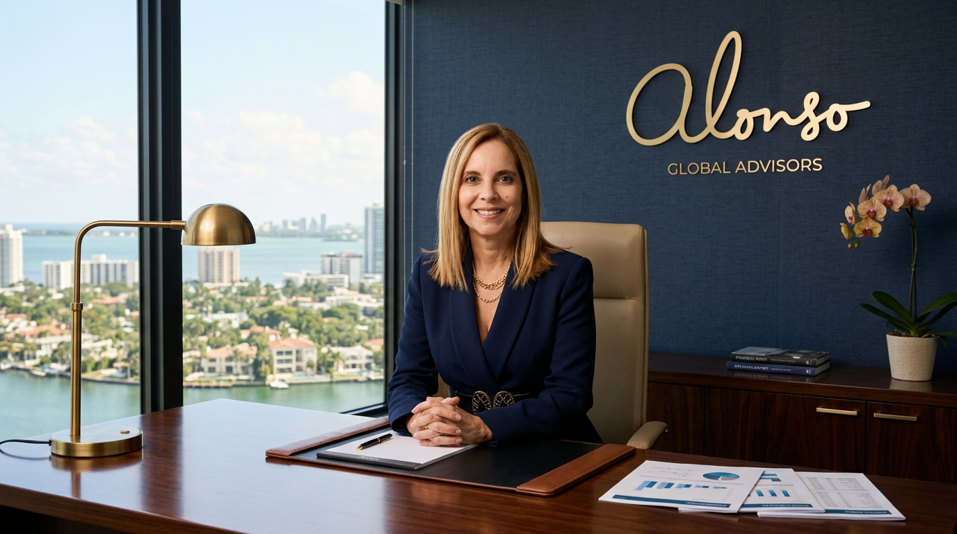 Suzette Alonso at her desk overlooking Miami